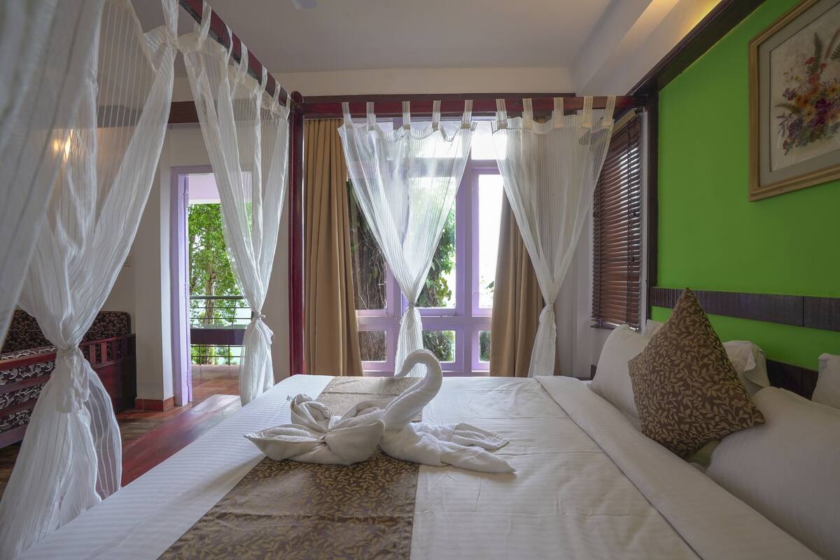 Una habitación de hotel con una cama, cortinas, una pared verde y una ventana con vistas.