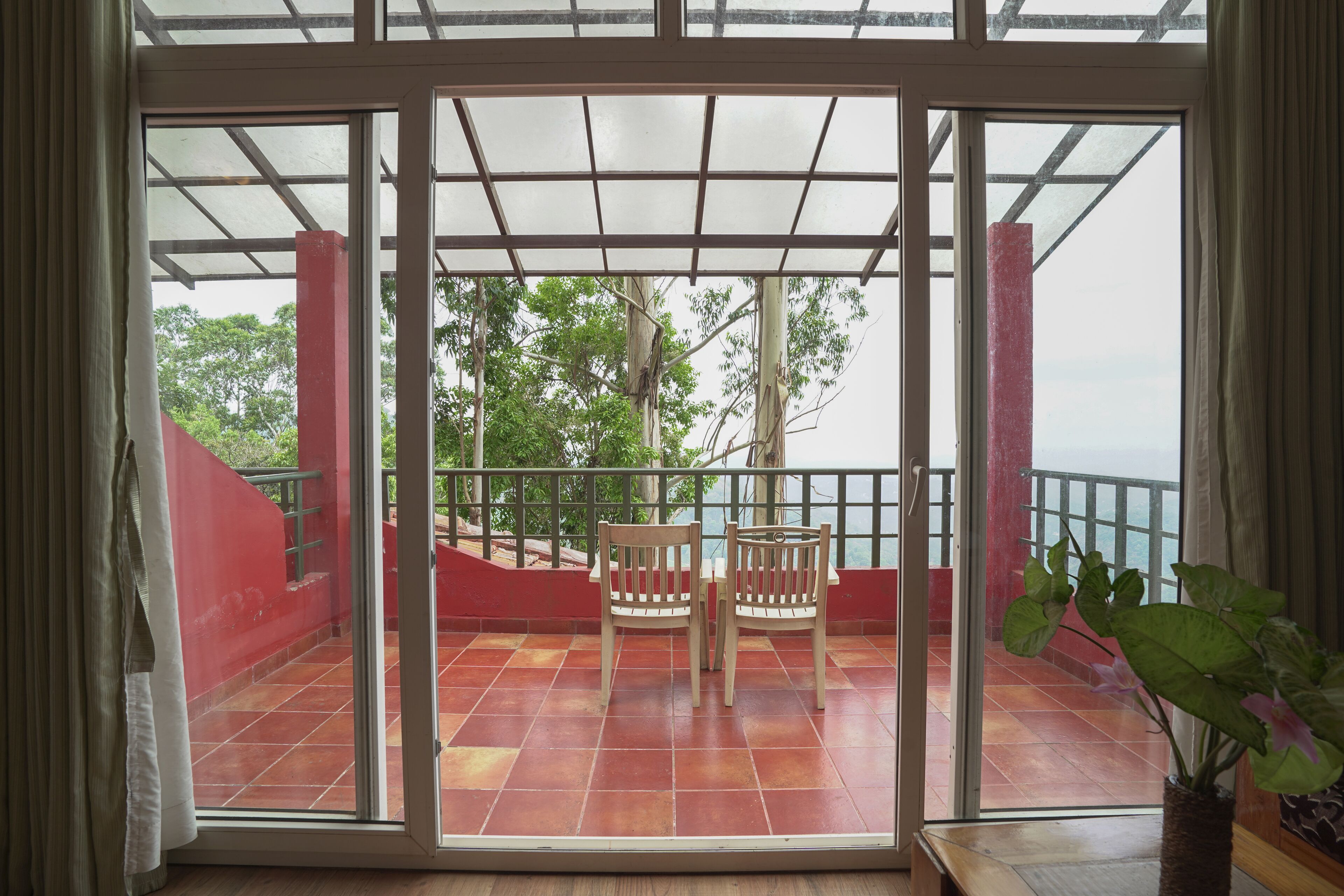 A balcony with two wooden chairs, a potted plant, and a view of trees and a railing.