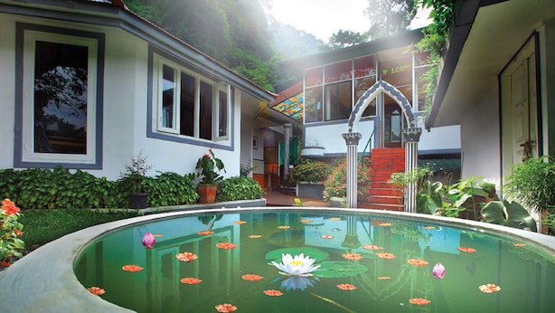 A serene courtyard with a central pond, surrounded by lush greenery and a traditional building with a tiled roof. - Bella Vista Resort (Devikolam)