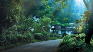 A narrow road flanked by lush greenery and traditional houses with steep roofs. - Bella Vista Resort (Devikolam)