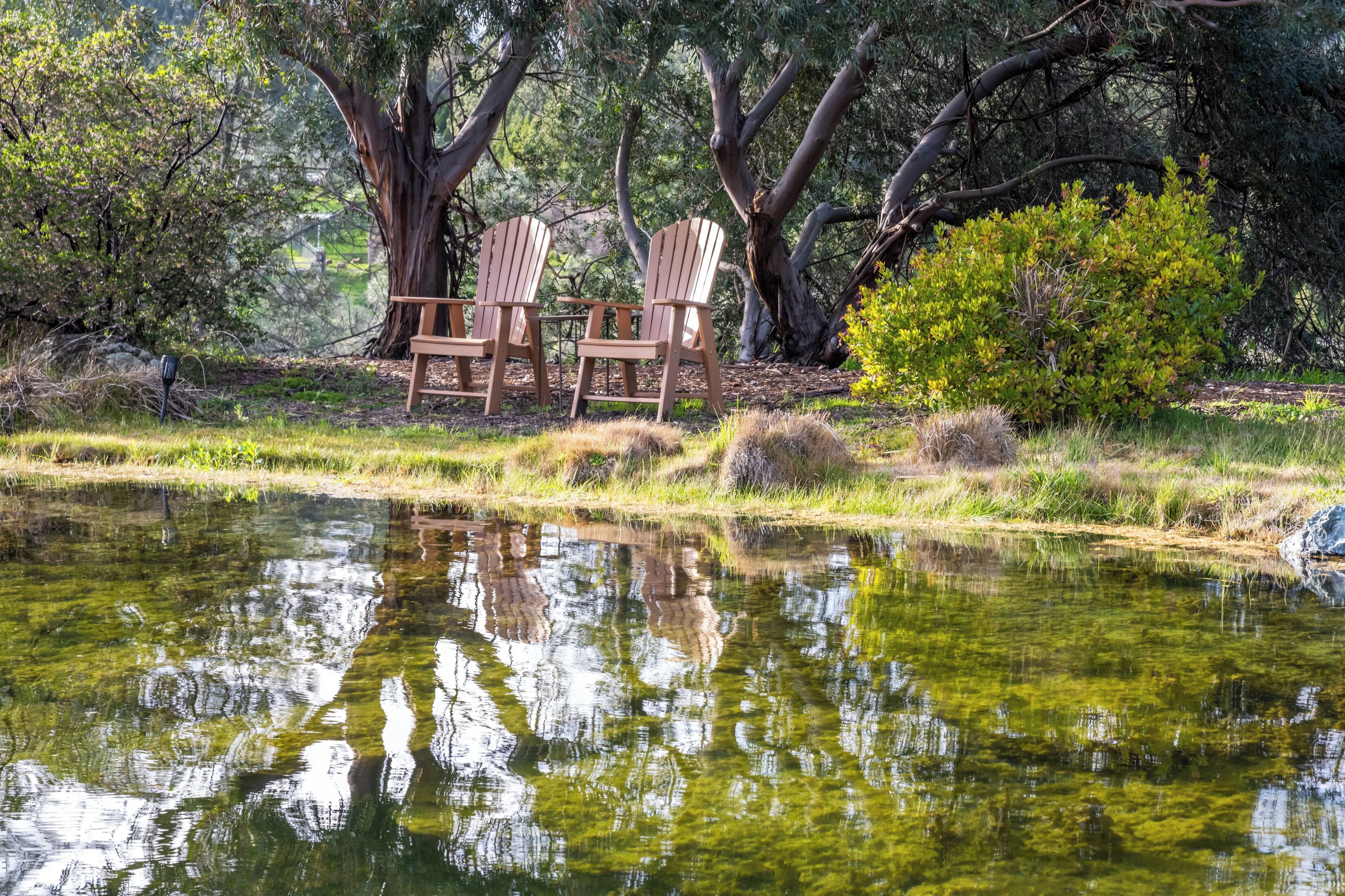 A serene outdoor seating area with two wooden chairs and a table, surrounded by lush greenery and a pond reflecting trees.