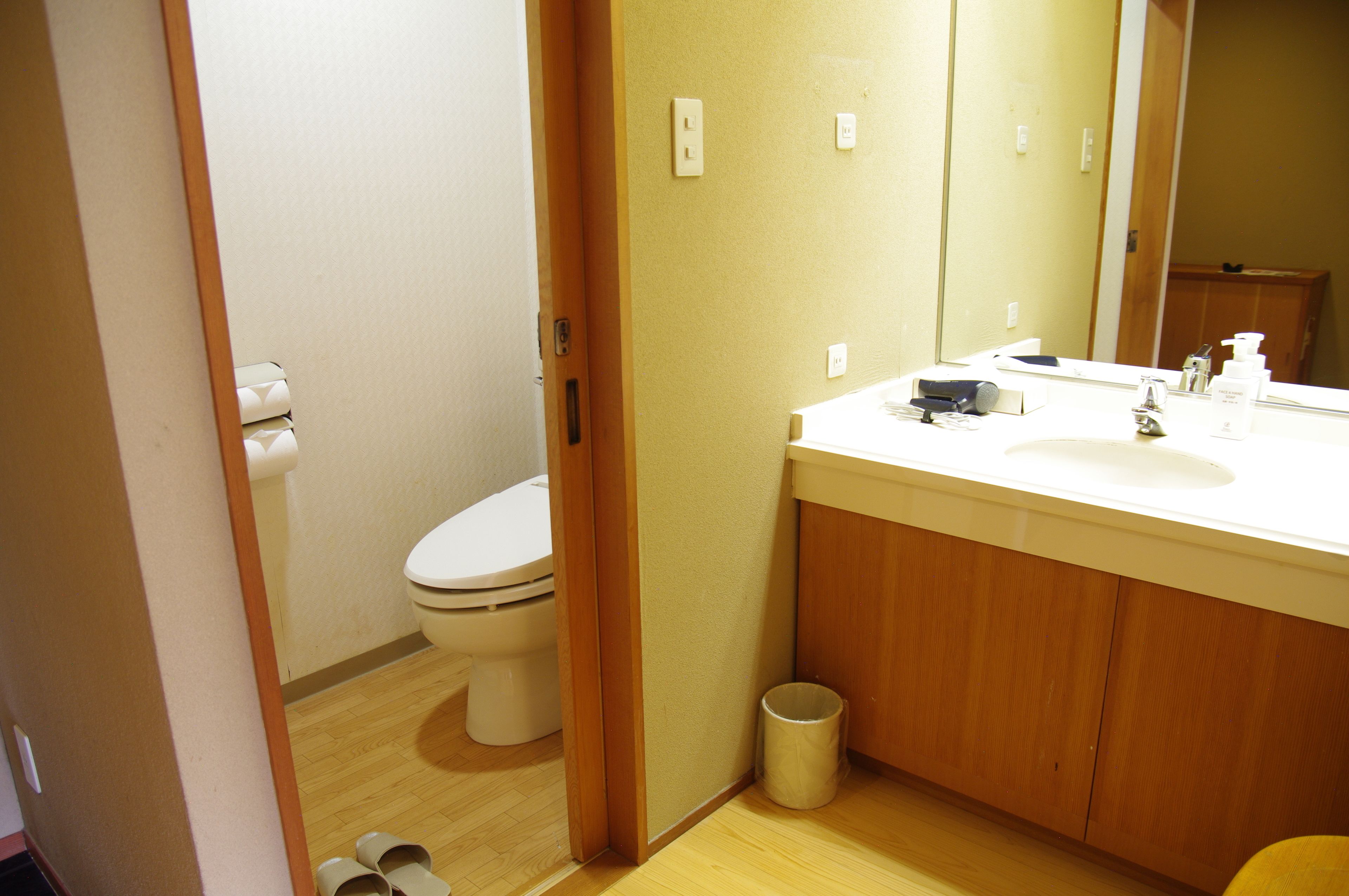 Une salle de bain équipée de toilettes, d’un lavabo, d’un miroir et d’un meuble en bois.