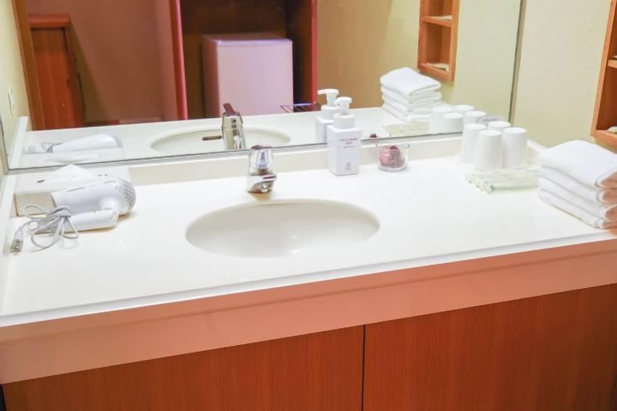 A hotel bathroom with a white sink, a mirror, and toiletries on the counter.