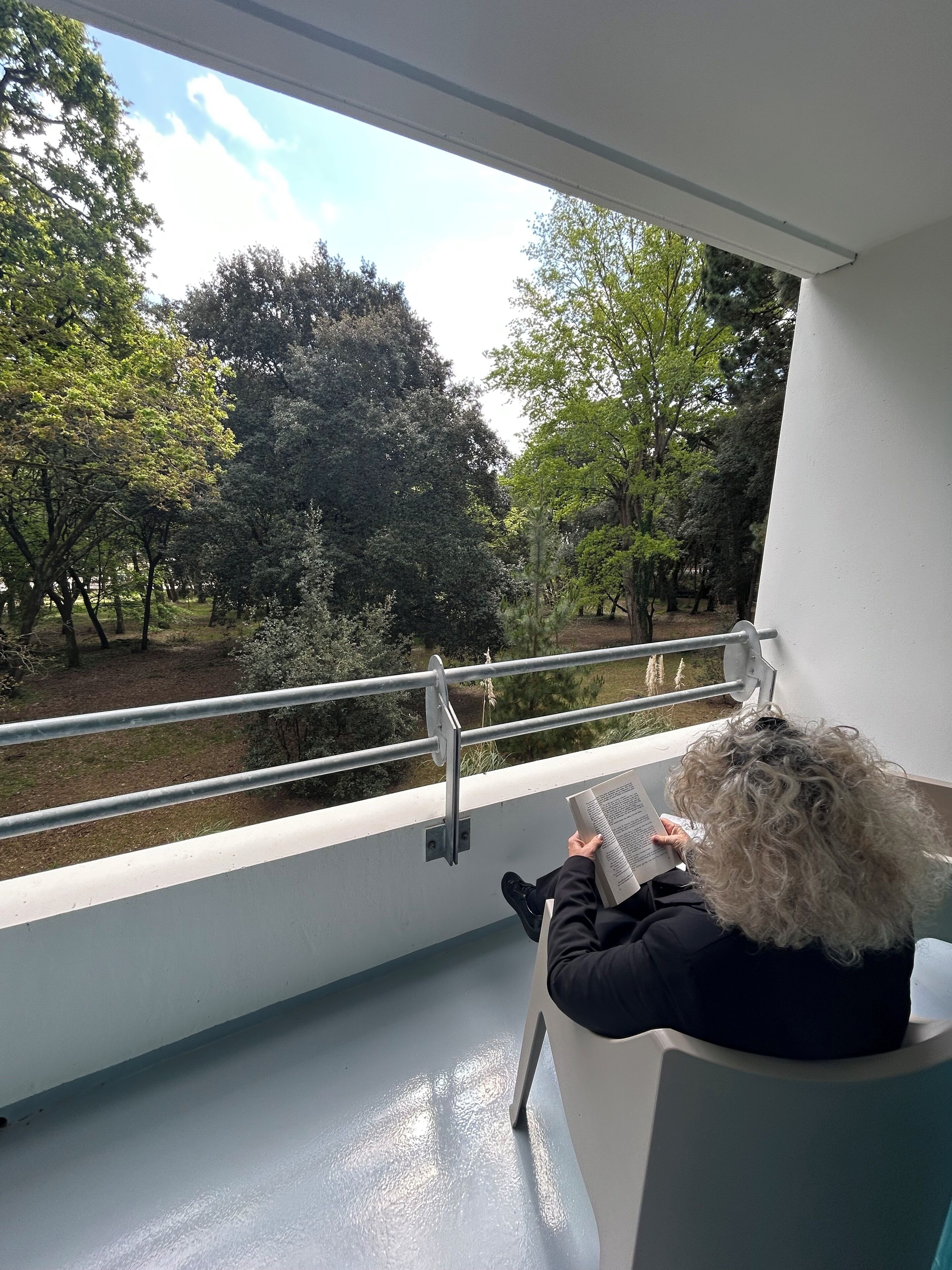 A person reading a book in a modern room with a view of a park and trees.
