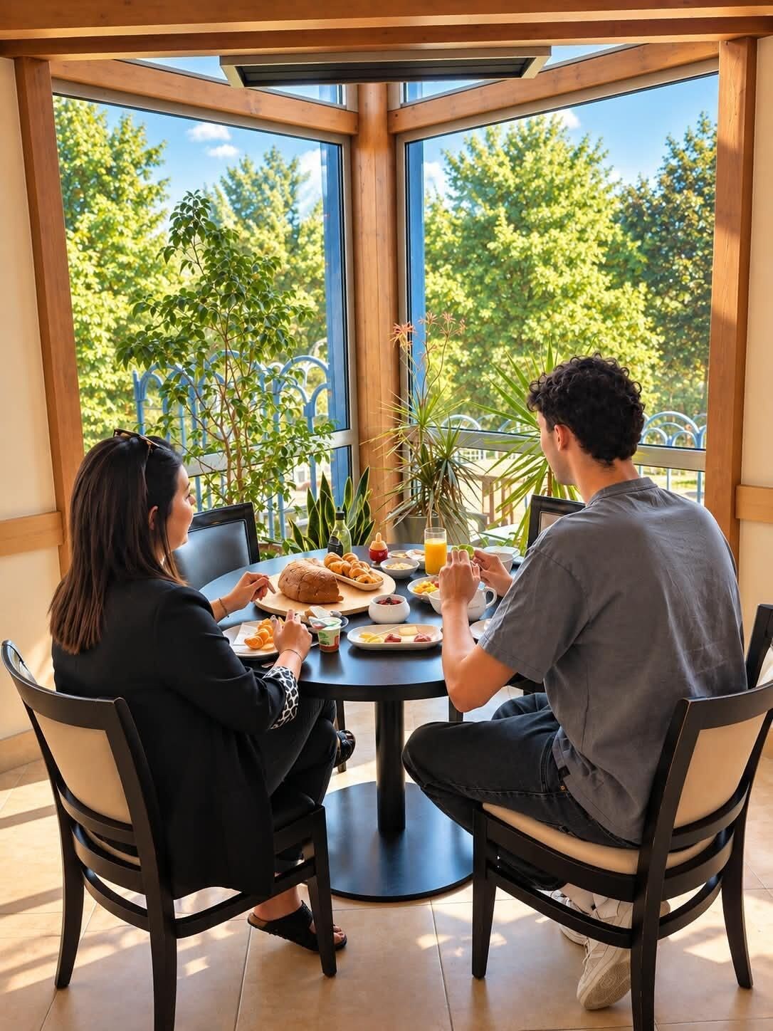 A couple dining at a table with a view of trees and a blue railing.