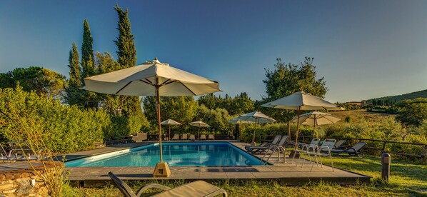 Alberca al aire libre, sombrillas en la alberca y camastros 