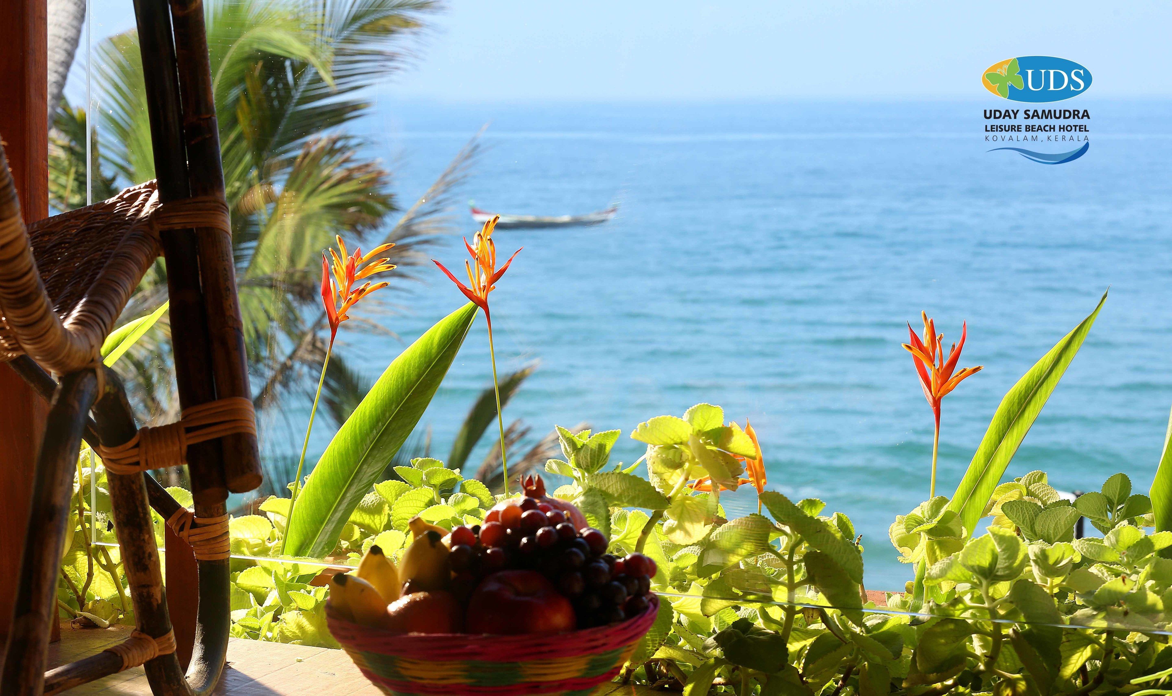 A tropical setting with a view of the sea, a wicker chair, and a bowl of fruit.
