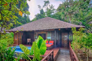 A wooden cabin with a deck, a pool, and lush greenery surrounding it.