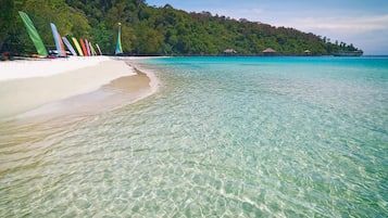 Plage privée, cabines gratuites, chaises longues, parasols