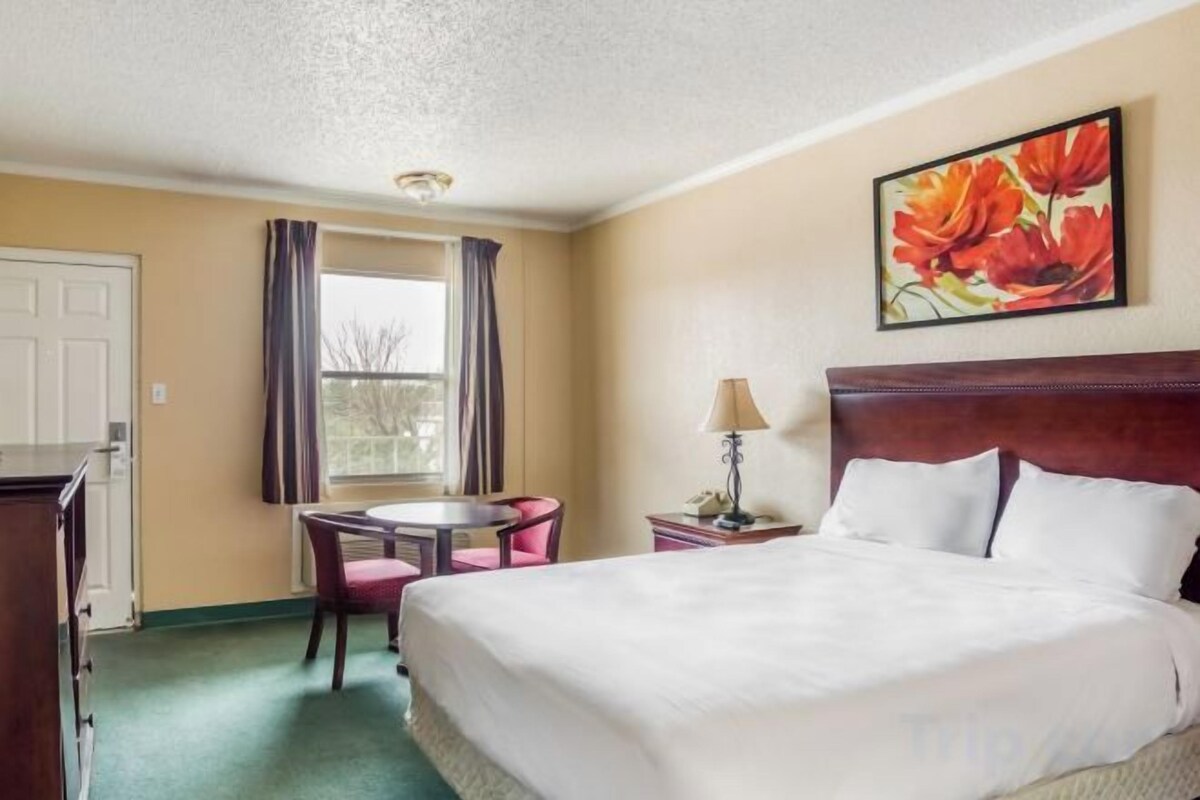 A hotel room with a bed, a desk, a chair, a window with curtains, and a painting on the wall.