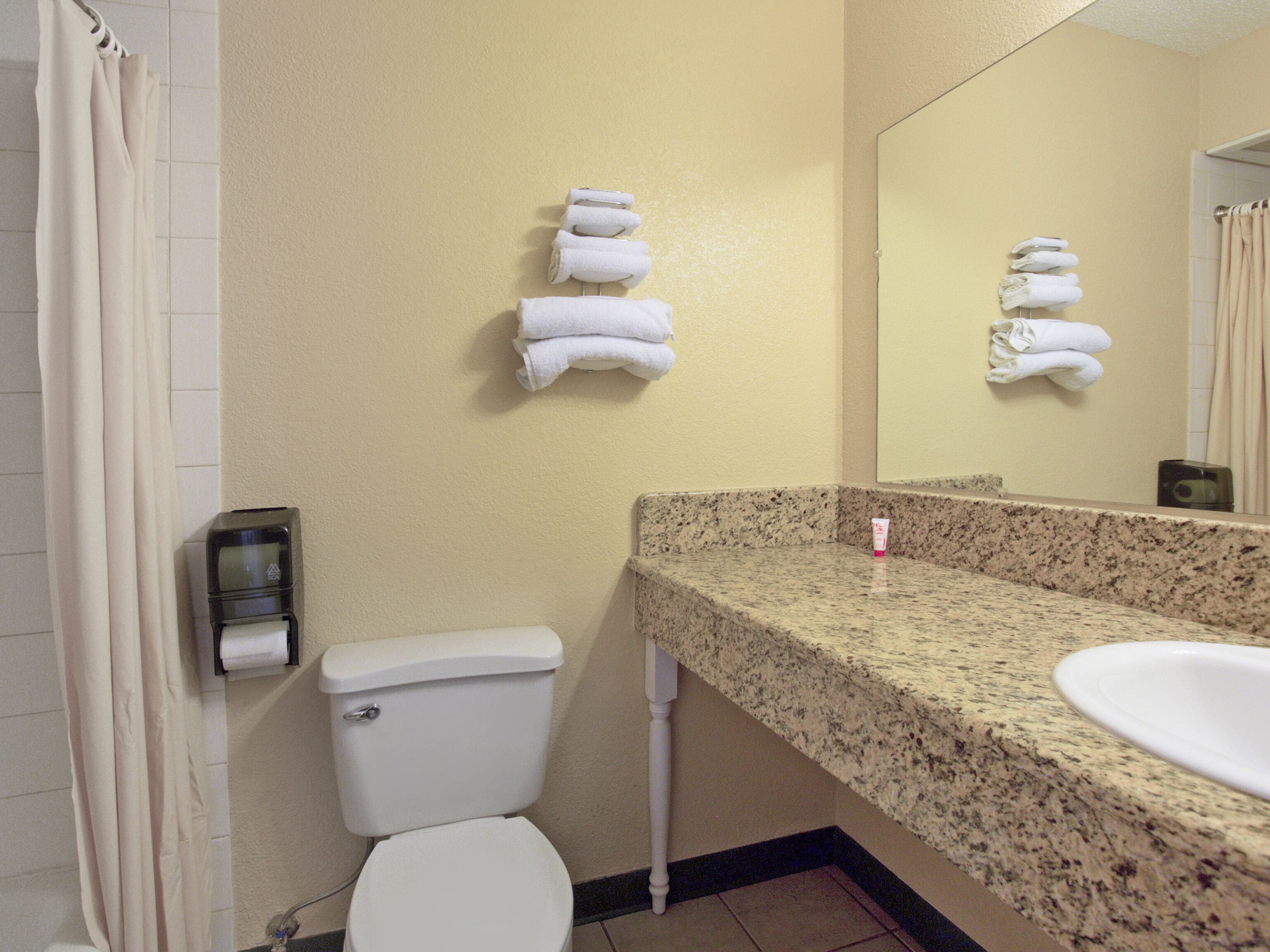 Une salle de bain équipée de toilettes, d’un lavabo et d’un porte-serviettes.