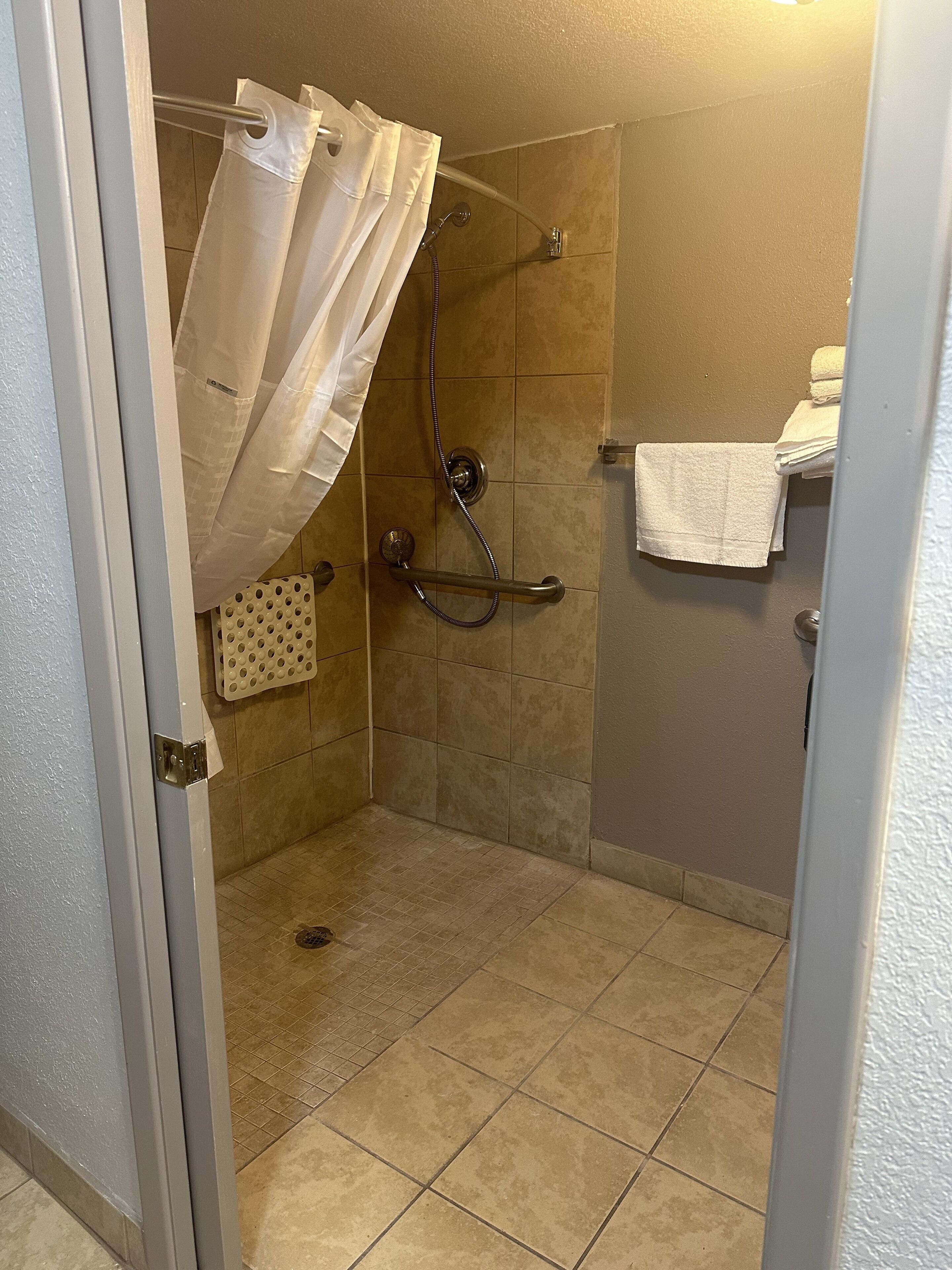 A shower area with a glass door, a towel rack, and a showerhead.
