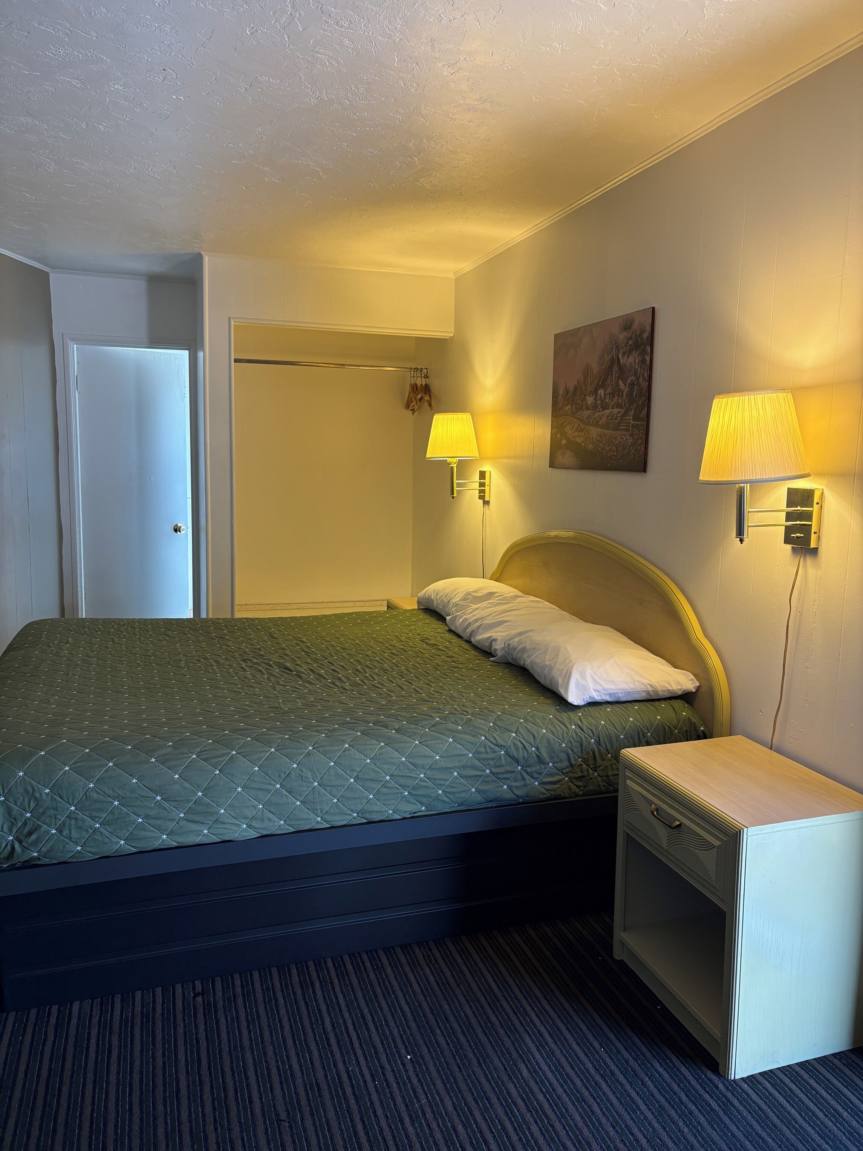 Une chambre d’hôtel avec un lit, des lampes de chevet, une table de chevet, une porte et un tableau au mur.
