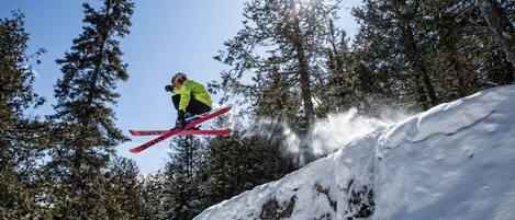 A person skiing on a snowy slope with trees in the background.