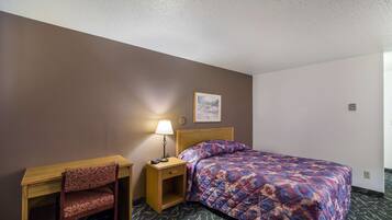 A hotel room with a bed, a desk, a chair, a nightstand with a lamp, and a framed picture on the wall.