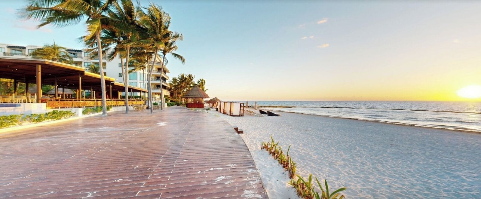 A beachfront hotel with a wooden boardwalk, palm trees, and a view of the ocean.