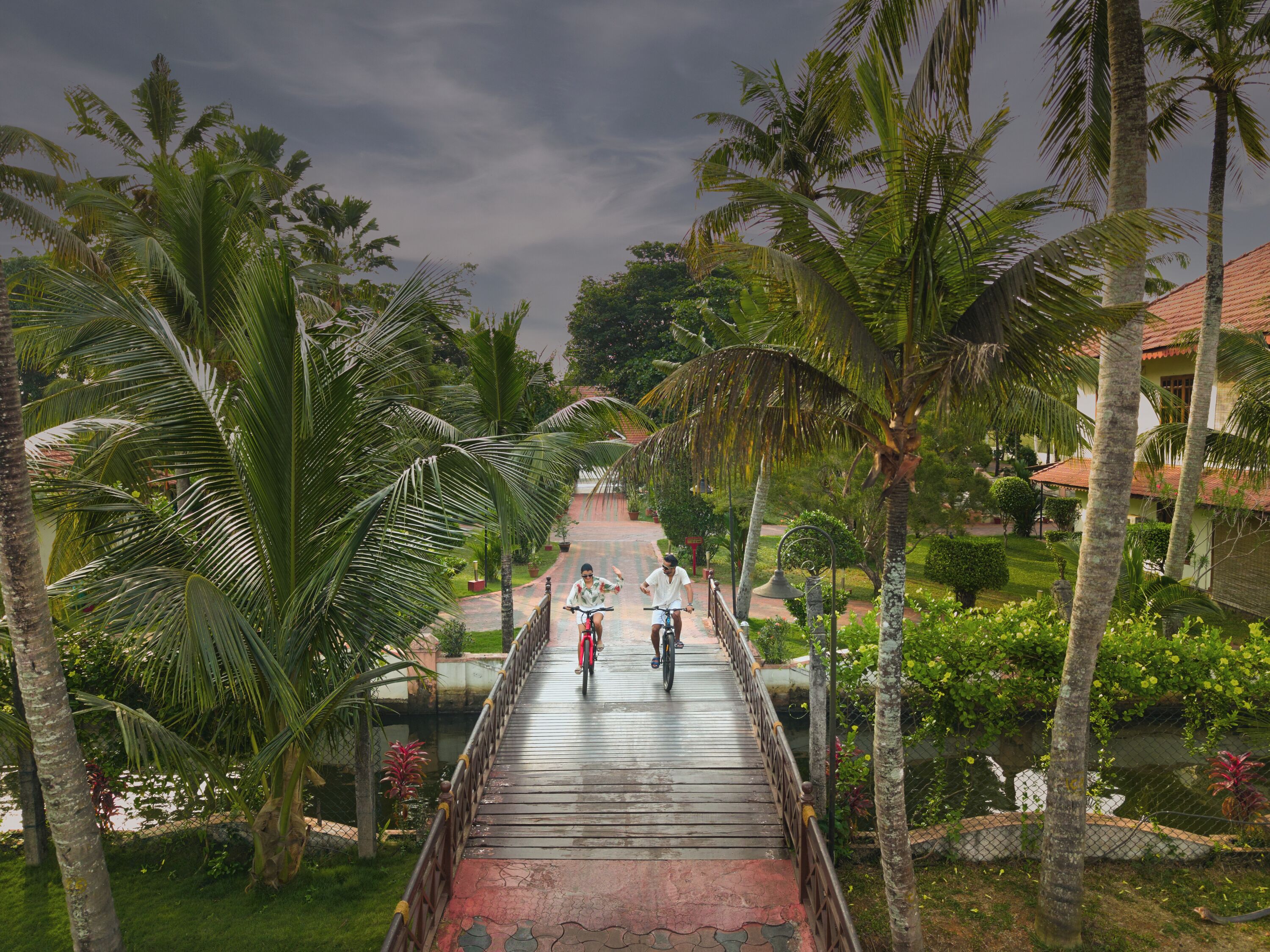 A wooden bridge with railings, surrounded by palm trees and greenery, leading to a building with a red roof.