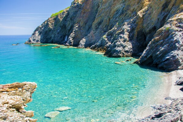 Plage à proximité, chaises longues, parasols, serviettes de plage
