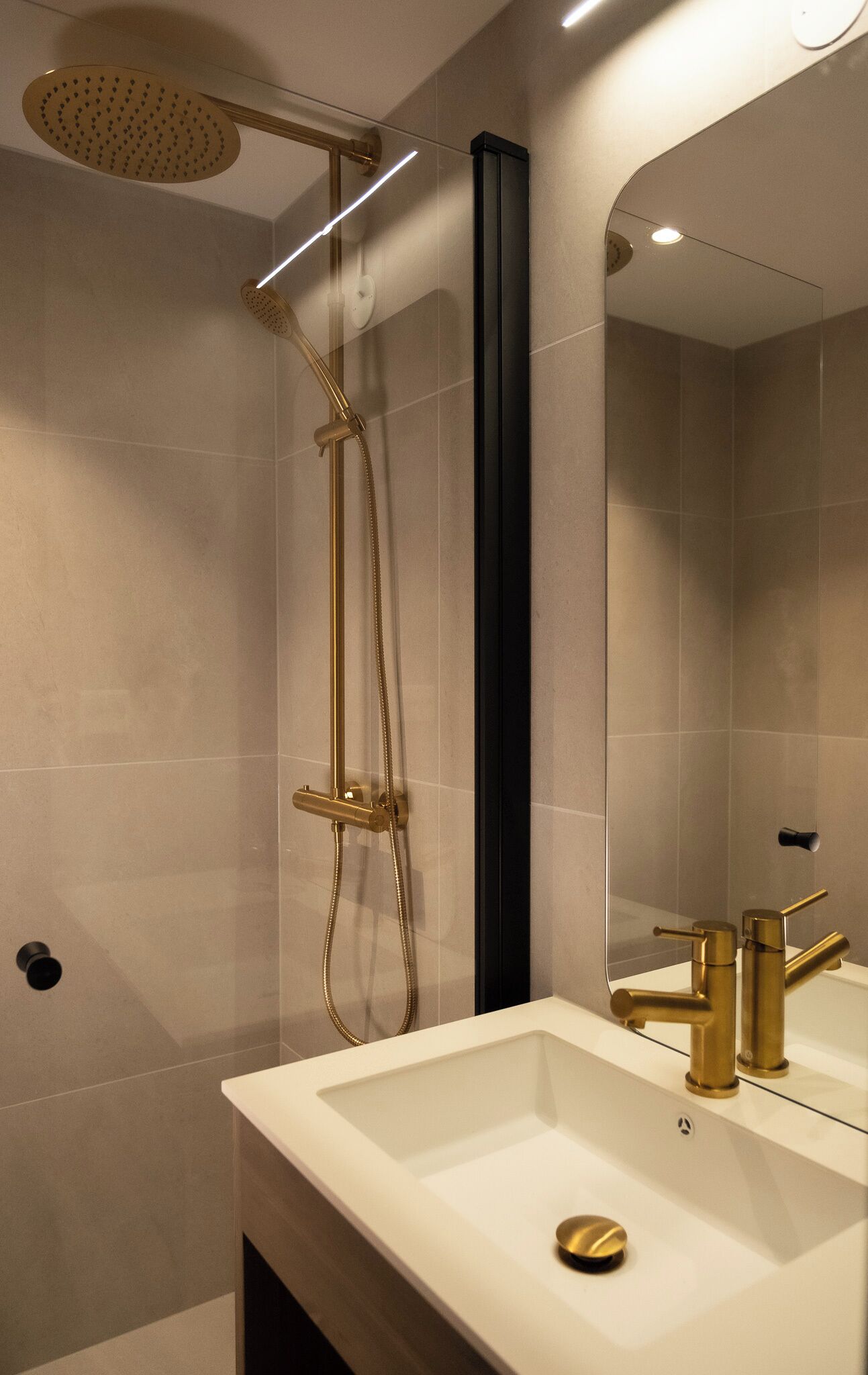 A modern bathroom with a glass shower enclosure, a white sink, and a large mirror.
