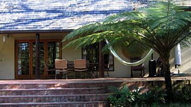 A house with a sloped roof, a front porch with chairs, and a large tree in the foreground. - Mongoose Manor (Gqeberha (Port Elizabeth))