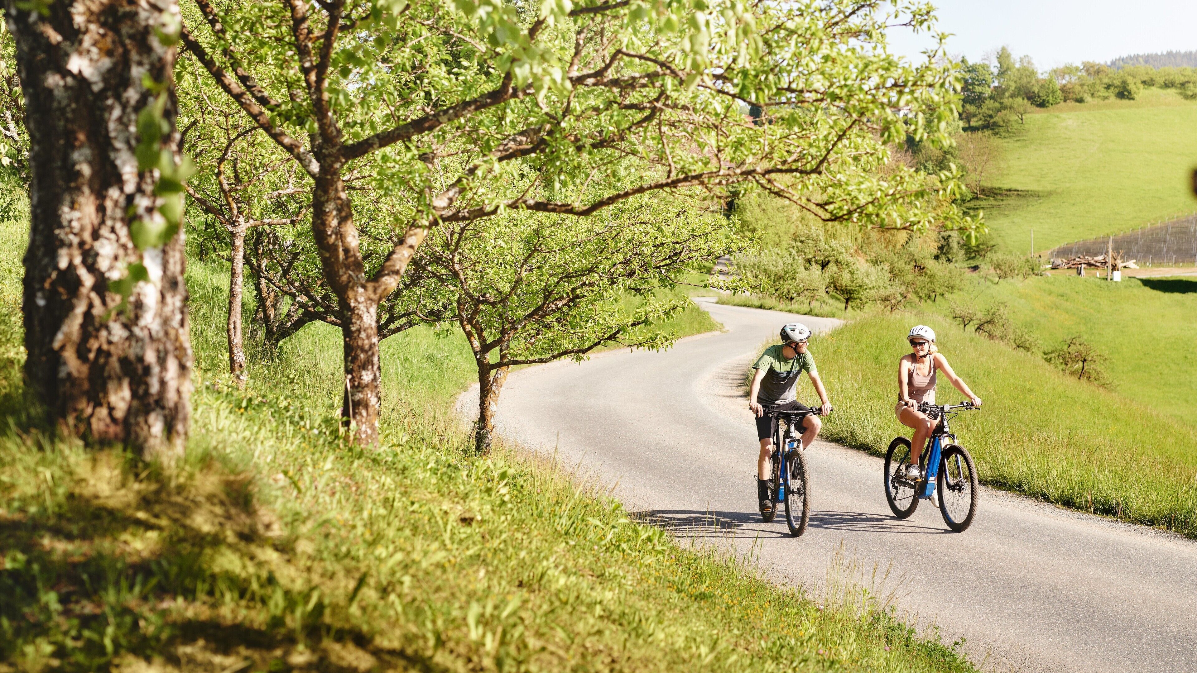 Two cyclists on a rural road with trees and grass on either side.