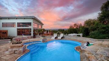Indoor pool, 2 outdoor pools, open 8 AM to 10 PM, pool umbrellas