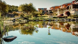 A serene pond with clear water, surrounded by a bridge and a row of modern houses with a well-maintained garden.