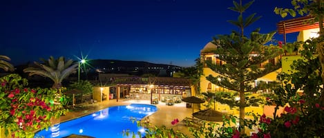 Outdoor pool, pool umbrellas, pool loungers