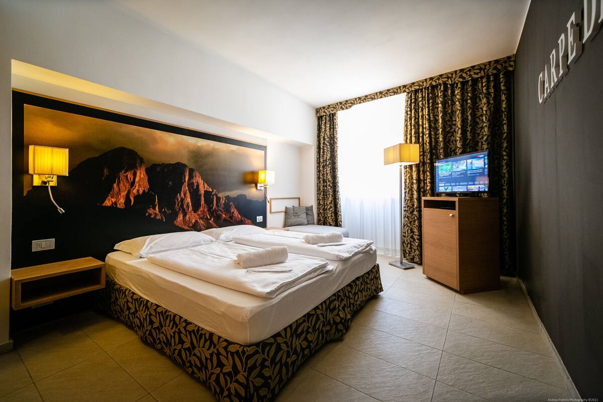 A hotel room with a large bed, two bedside tables, a TV, and a mountain painting on the wall.