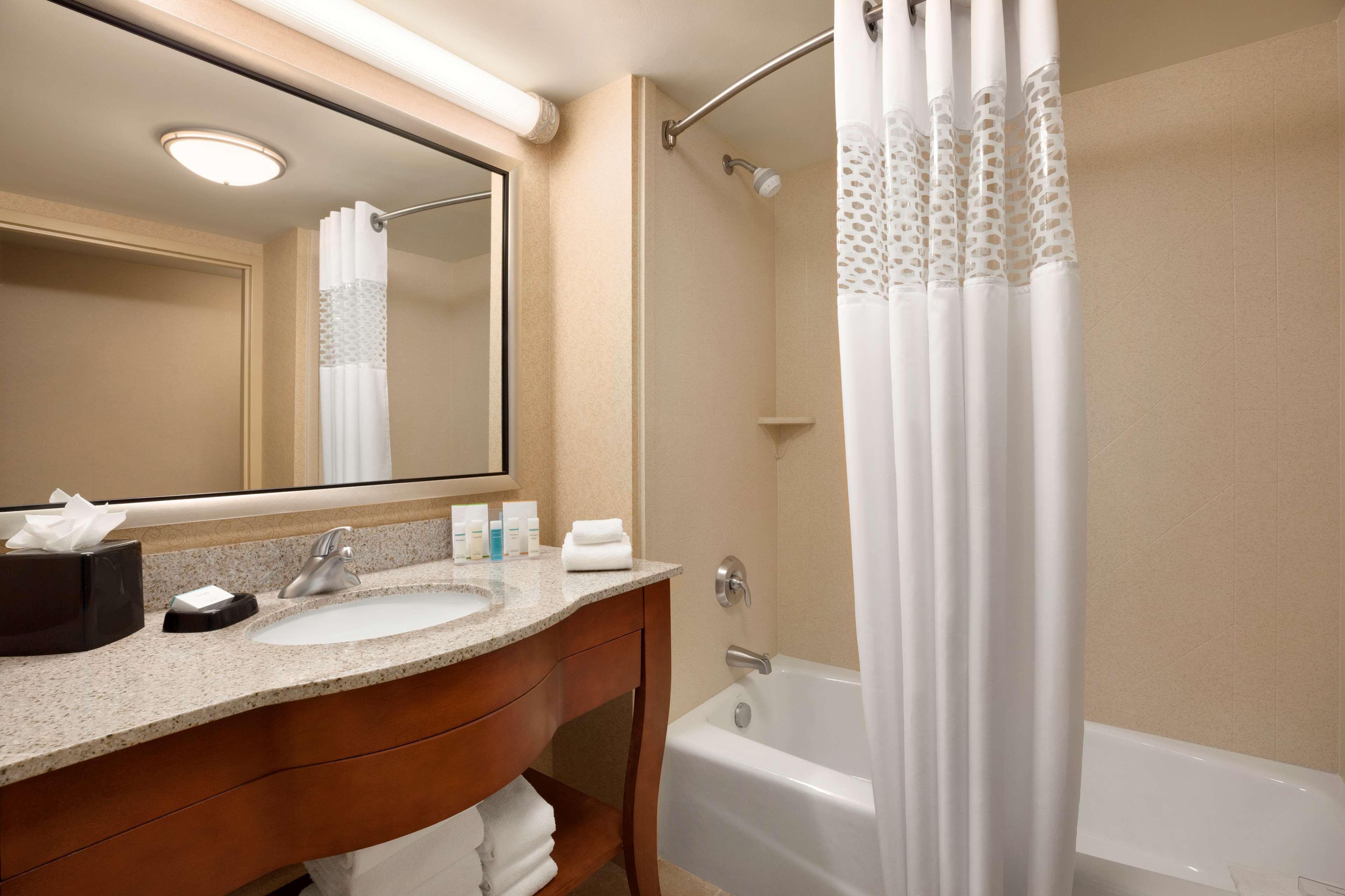 combined shower/bathtub, free toiletries, hair dryer, towels