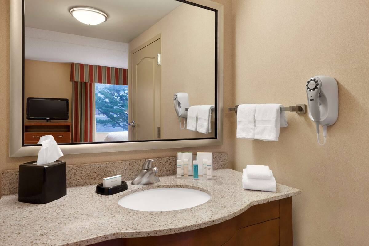 combined shower/bathtub, free toiletries, hair dryer, towels