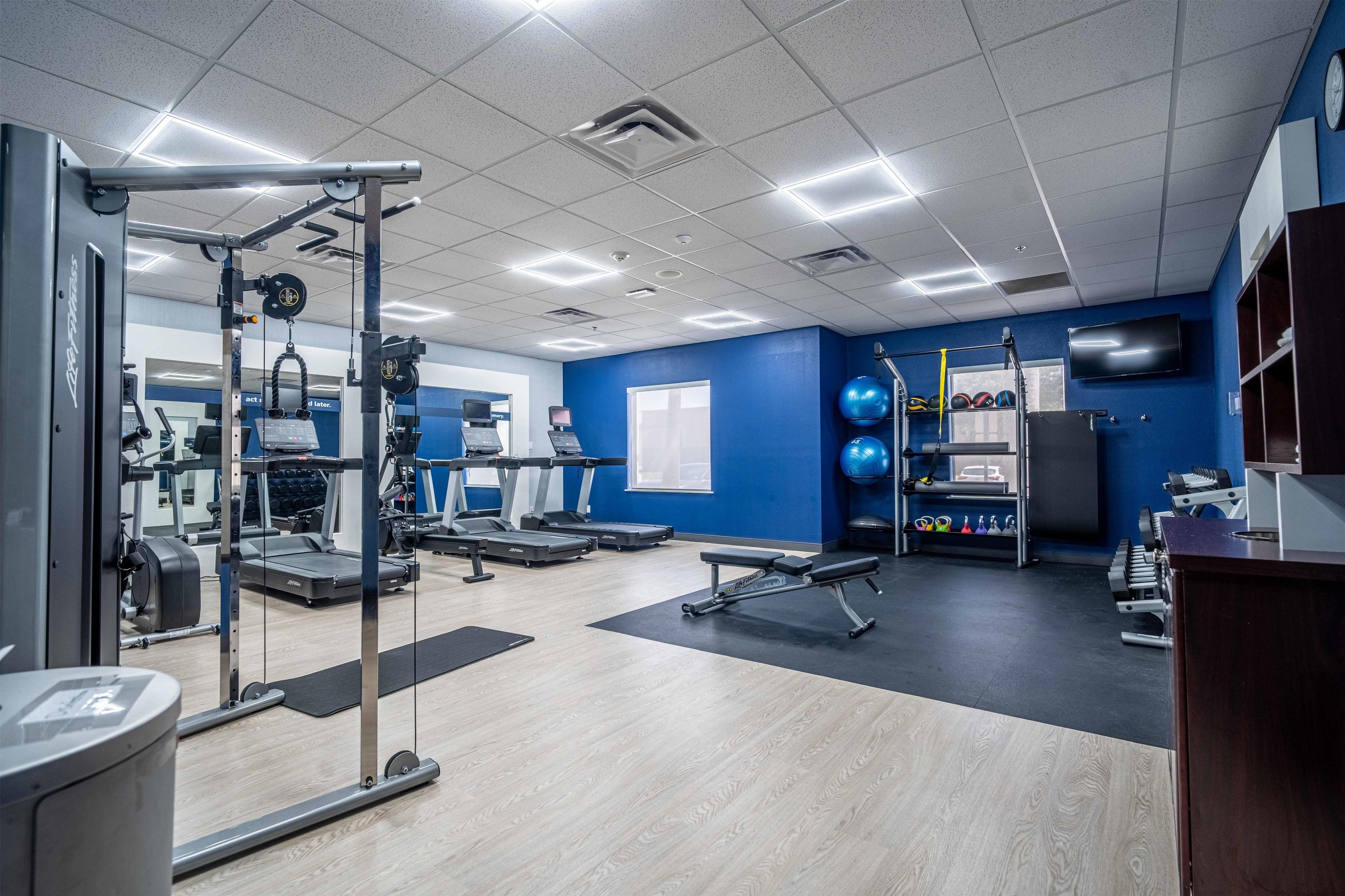 Une salle de sport équipée de tapis de course, d’appareils de musculation et de ballons d’exercice.