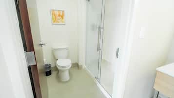 A bathroom with a toilet, a glass shower enclosure, and a sink.