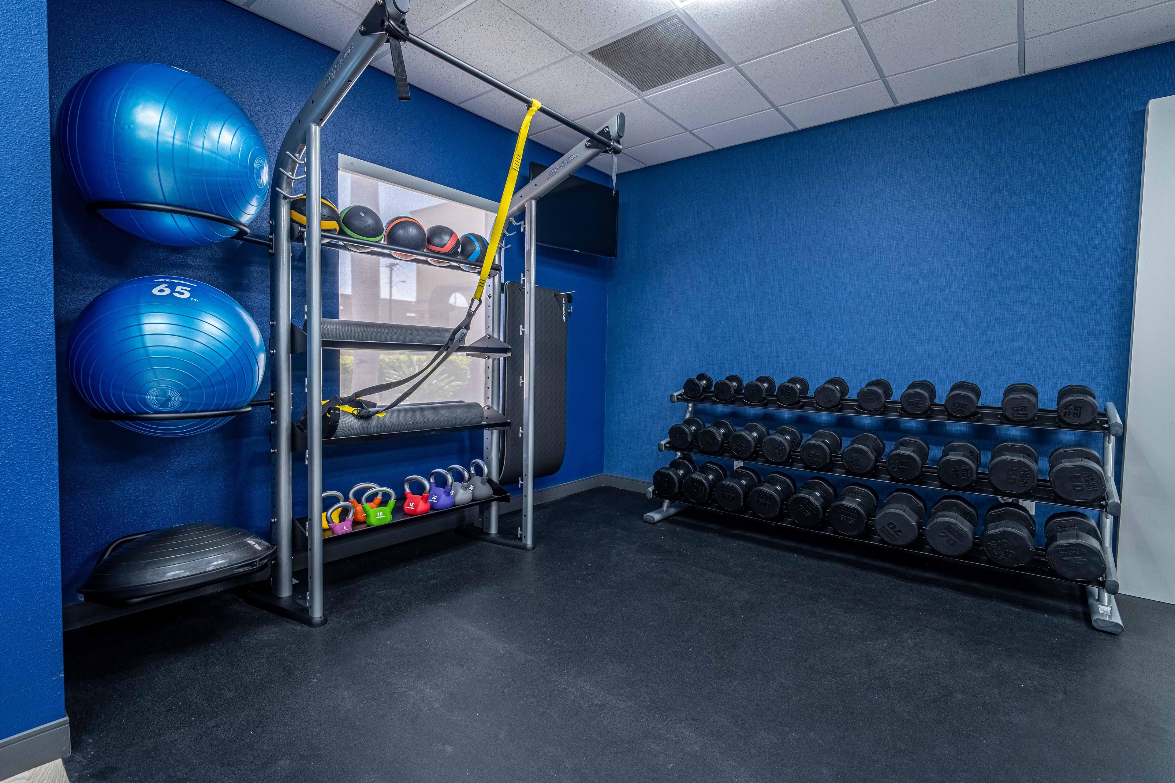 A gym with exercise equipment, including a pull-up bar, medicine balls, and a rack of dumbbells.