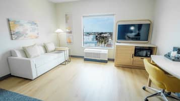 Premium bedding, pillowtop beds, desk, laptop workspace
