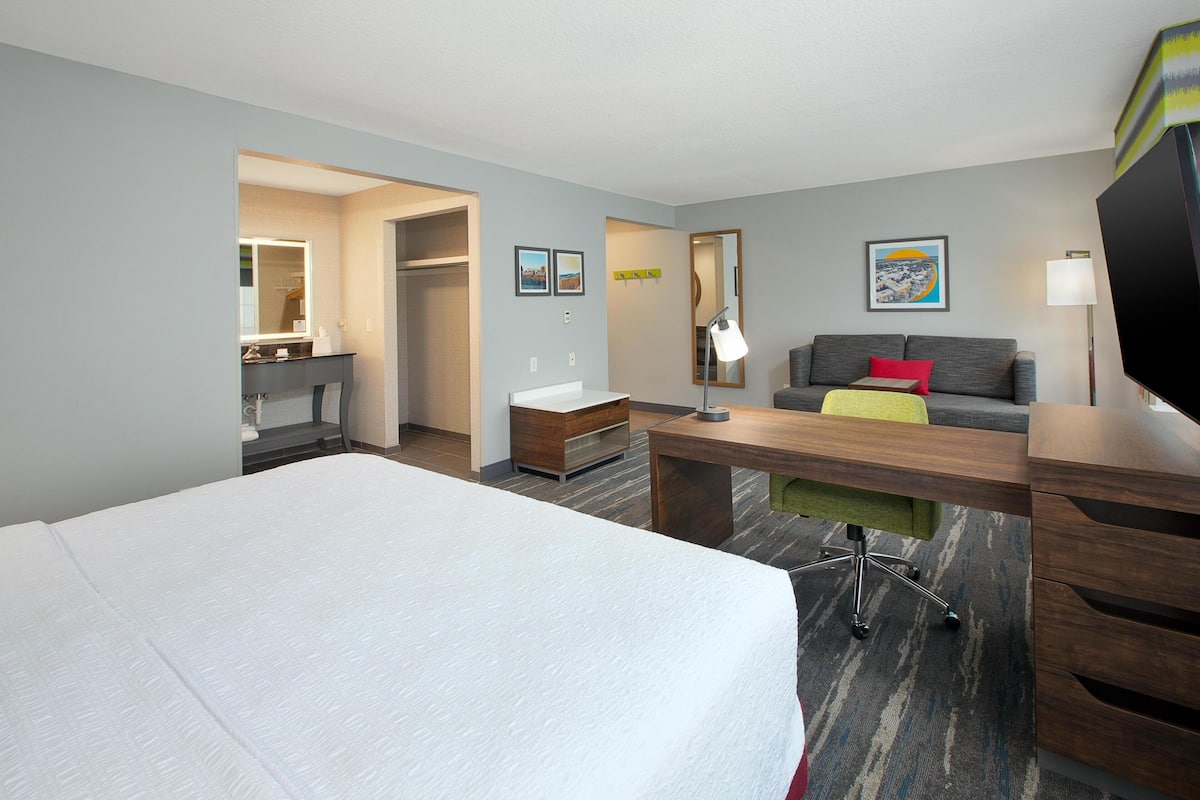 A hotel room with a large bed, a desk, a chair, a sofa, a TV, a mirror, and a wardrobe.