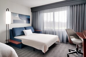 Individually furnished, desk, laptop workspace, blackout curtains