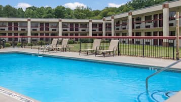 Seasonal outdoor pool, pool umbrellas, pool loungers