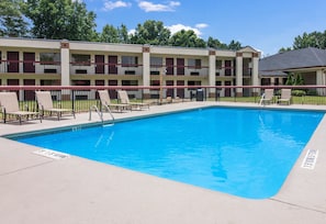 Seasonal outdoor pool, pool umbrellas, pool loungers