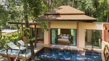 A modern villa with a swimming pool, large glass doors, and a view of the surrounding greenery.