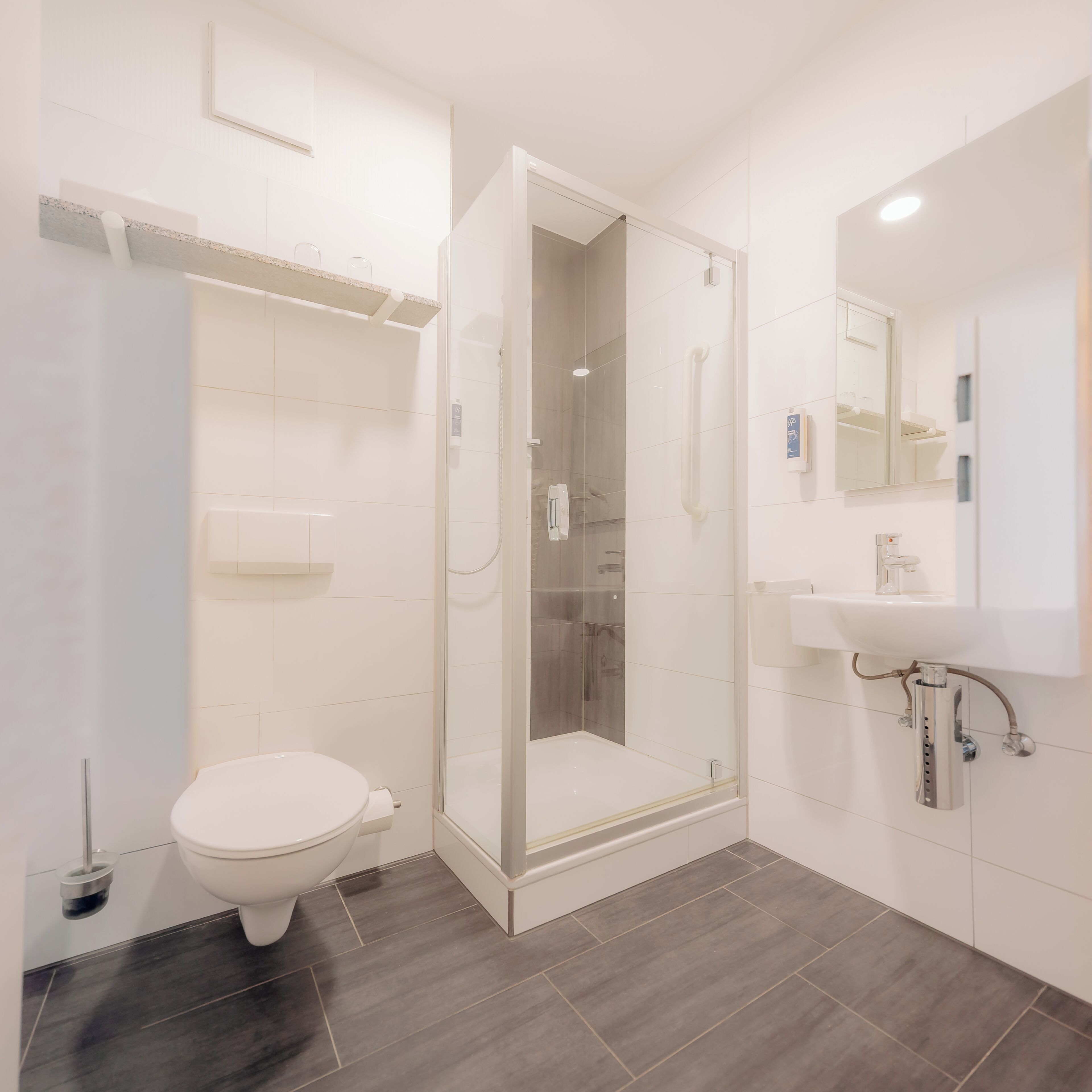 A modern bathroom with a toilet, a glass-enclosed shower, and a sink with a mirror.