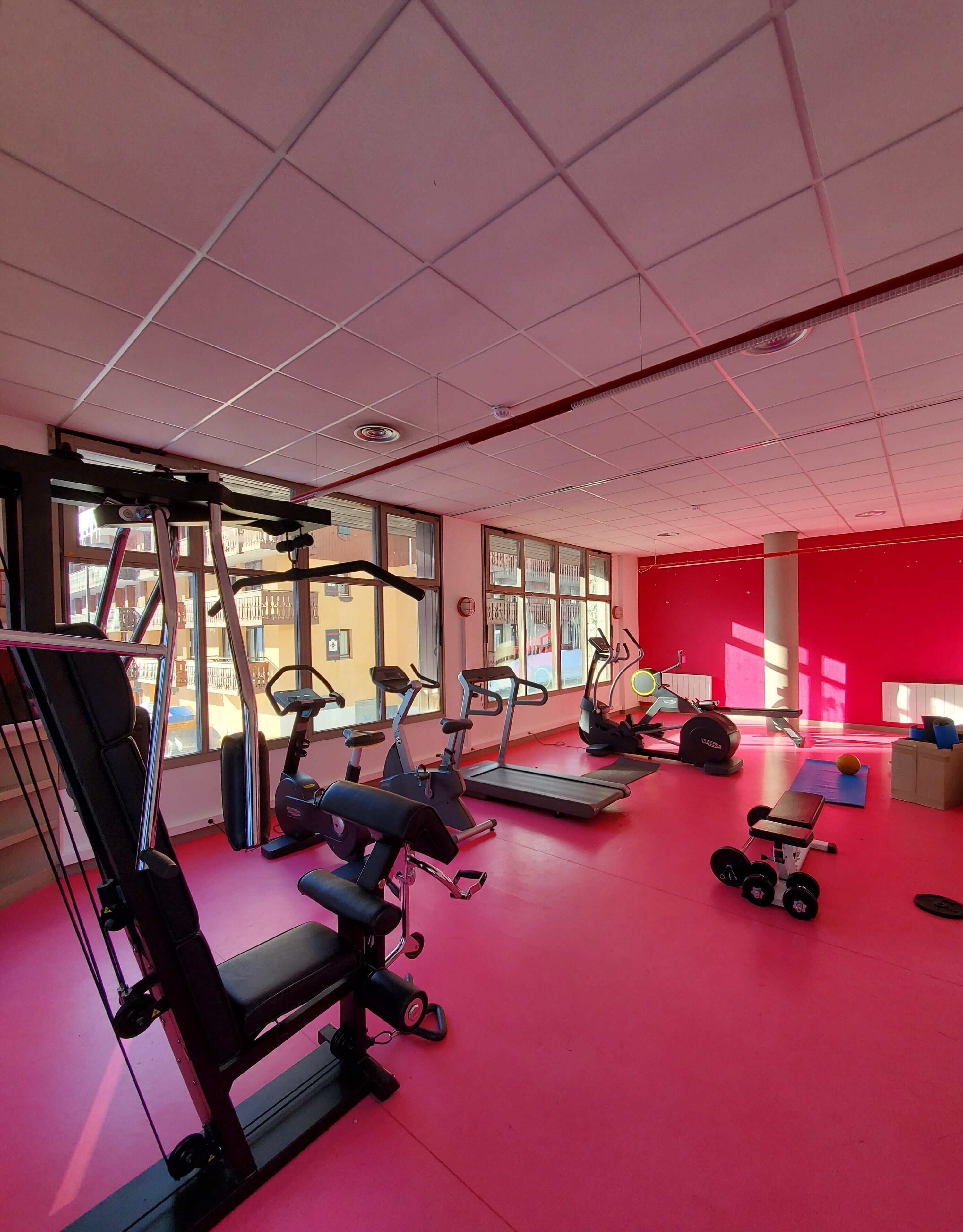Ein Fitnessstudio mit unterschiedlichen Trainingsgeräten, großen Fenstern und einem roten Boden.