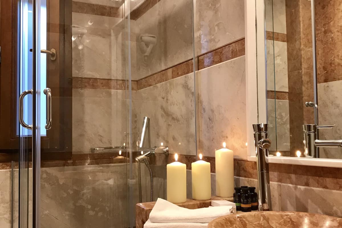 shower, free toiletries, hair dryer, slippers