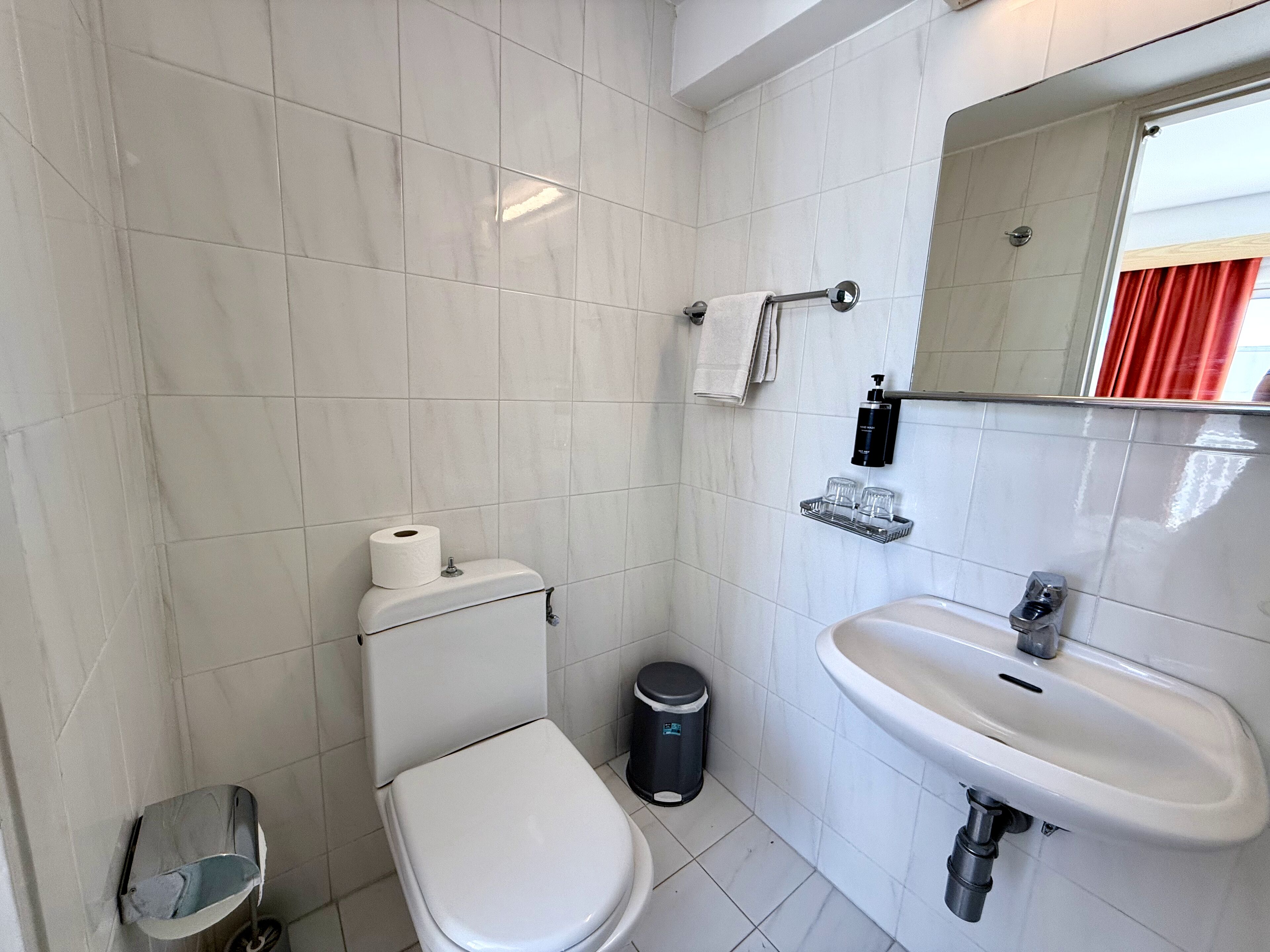 A bathroom with a toilet, sink, and mirror.