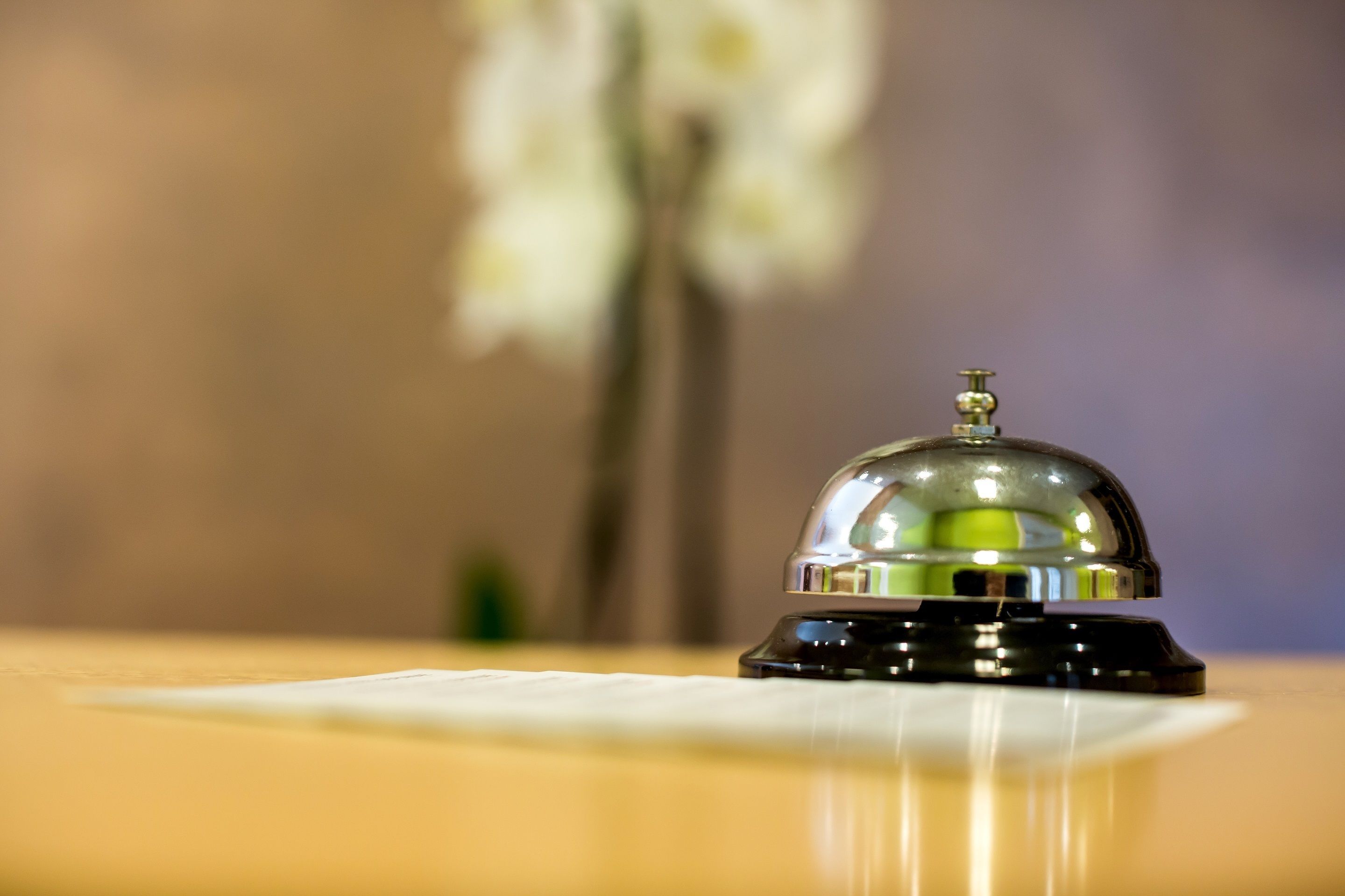 A hotel room with a bell, a vase with flowers, and a clean, reflective surface.