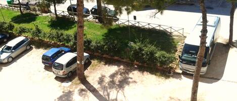 Un estacionamiento con varios coches y un autobús, rodeado de árboles y vegetación.