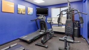 A gym with a treadmill, stationary bike, and weight machines.