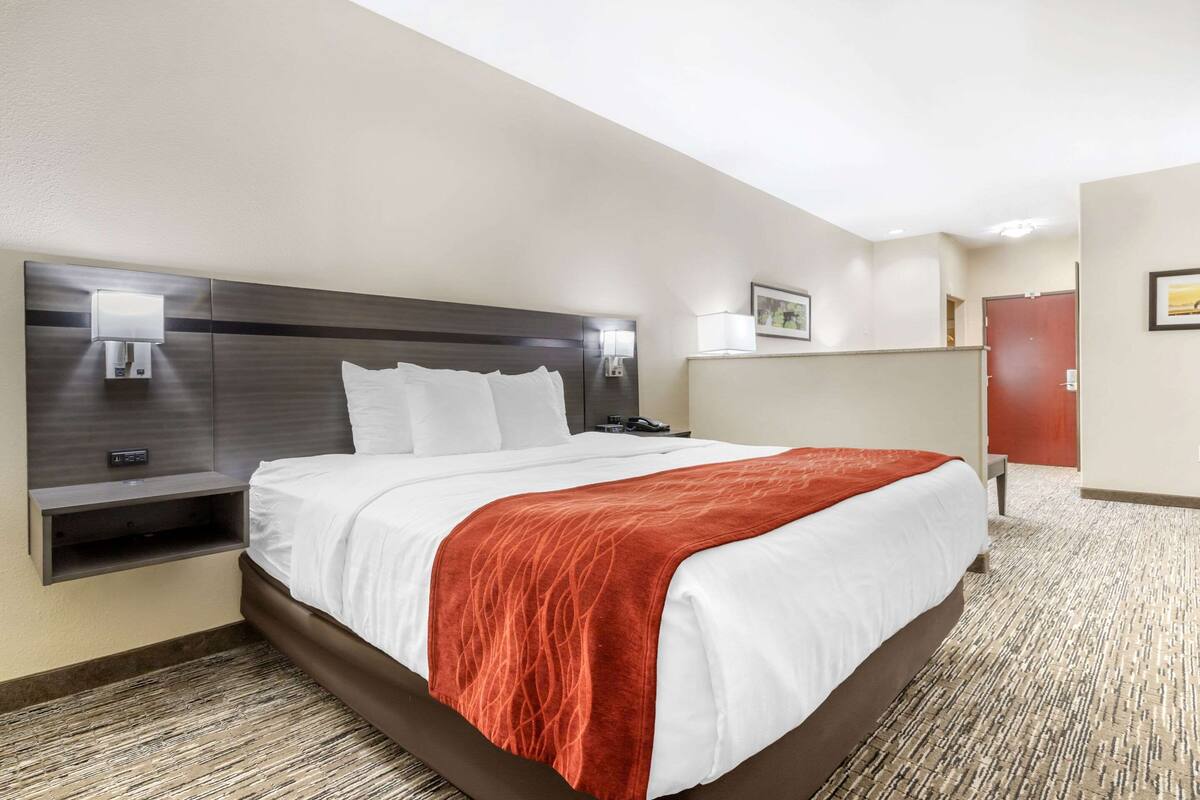 A hotel room with a large bed, a nightstand, a wall-mounted lamp, and a door.
