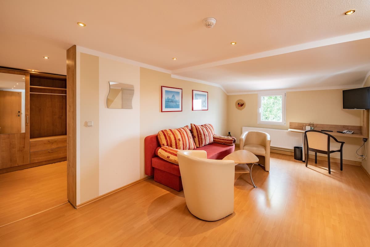 Economy Double Room | Living area | 34-inch flat-screen TV with cable channels, TV