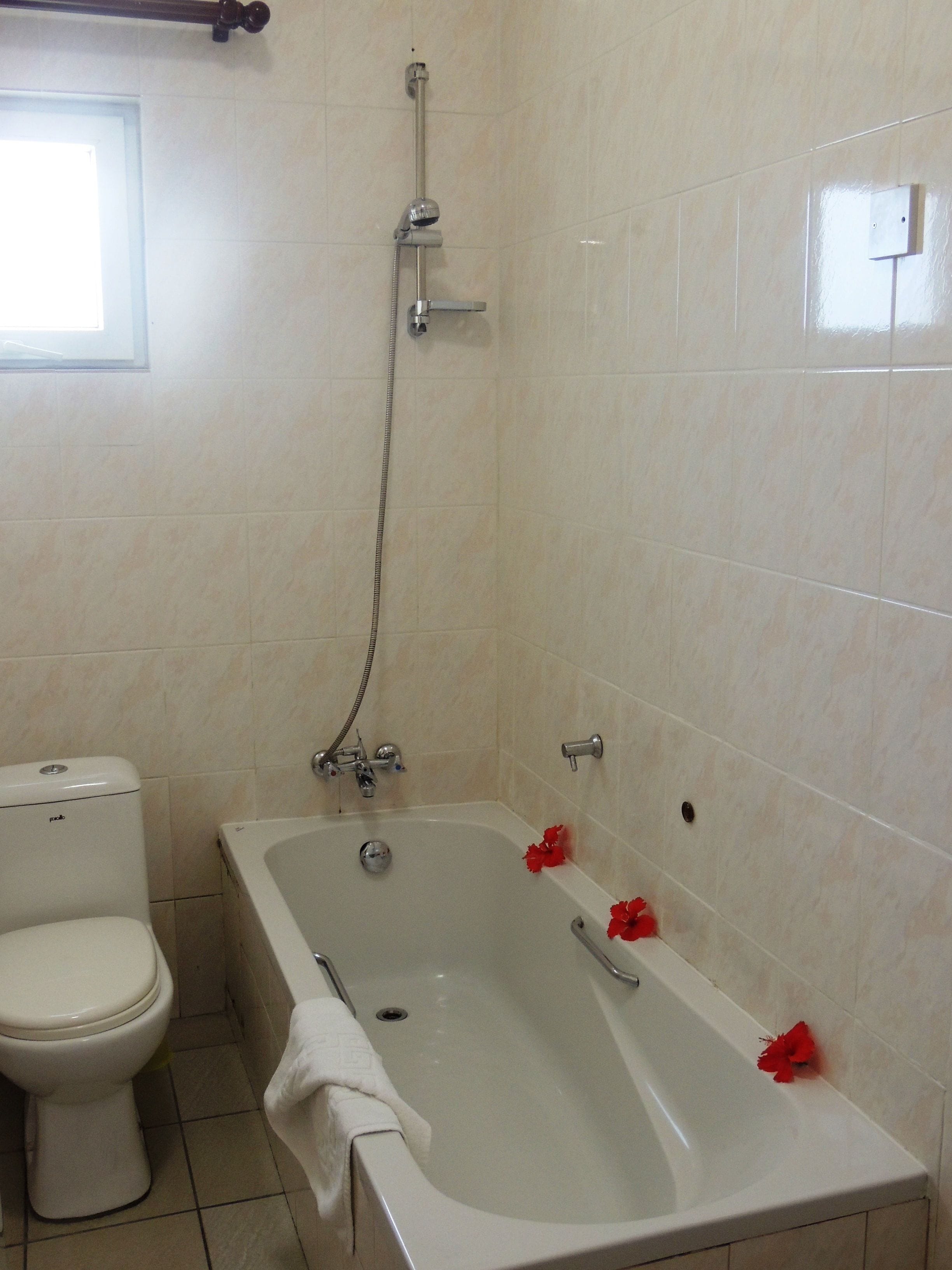 A bathroom with a bathtub, toilet, and shower.